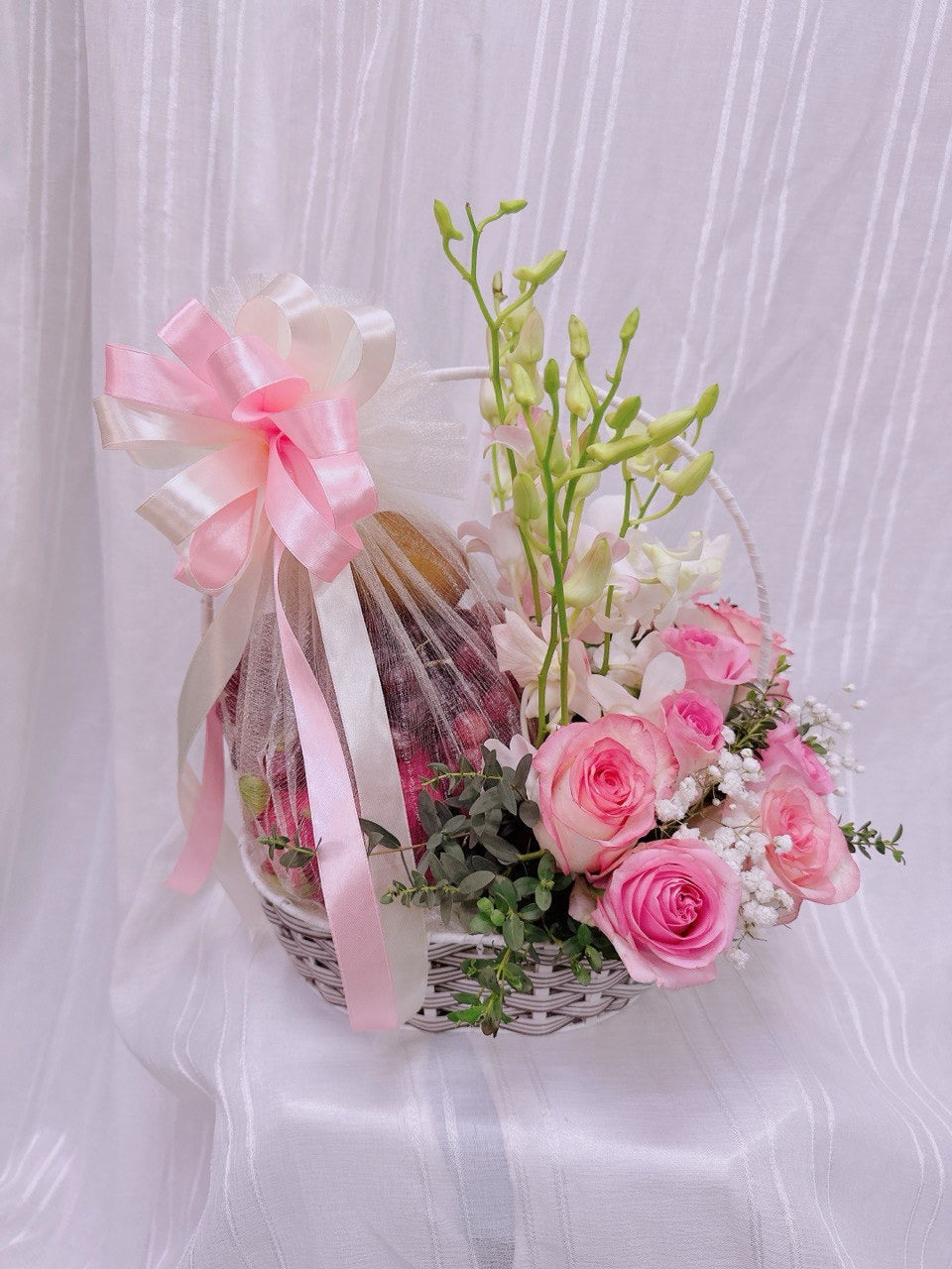 Blush Pink Elegance Fruit & Flower Basket(2pic)